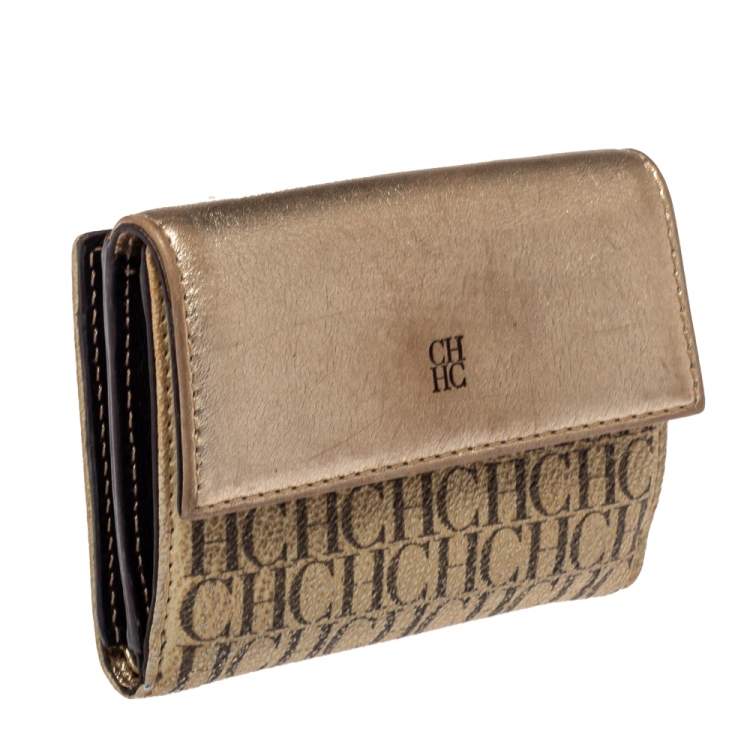 Pre Owned Carolina Herrera Gold/Beige Monogram Coated Canvas and Leather Flap Compact Wallet