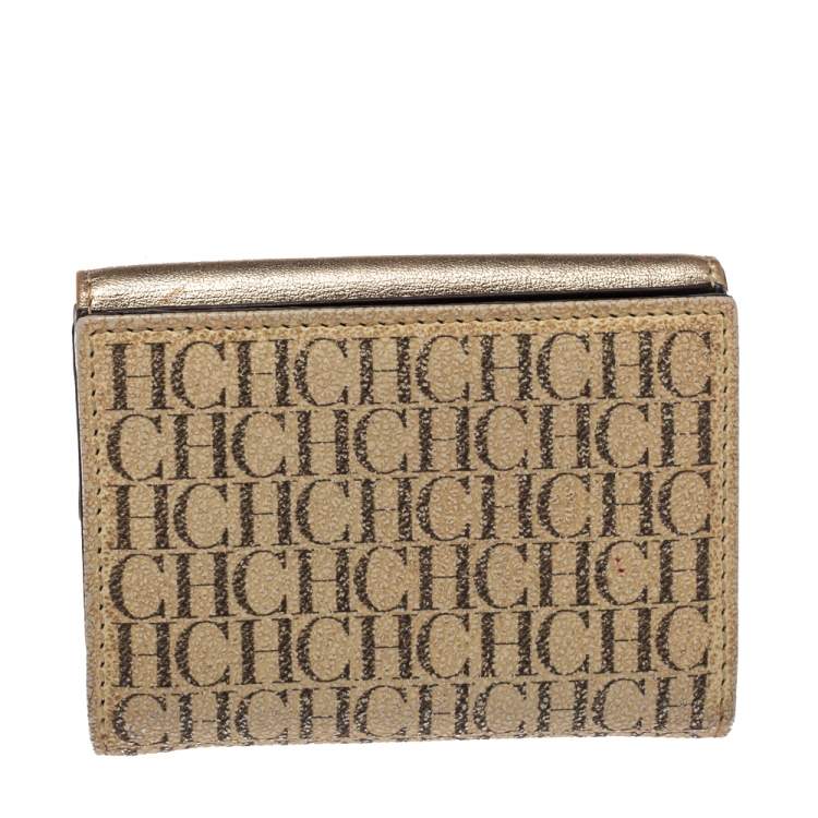Pre Owned Carolina Herrera Gold/Beige Monogram Coated Canvas and Leather Flap Compact Wallet