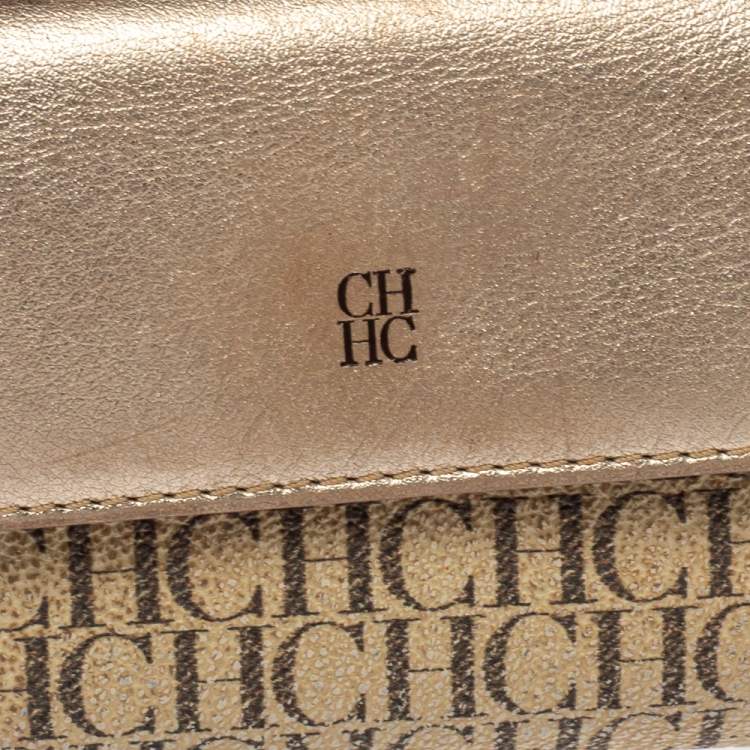 Pre Owned Carolina Herrera Gold/Beige Monogram Coated Canvas and Leather Flap Compact Wallet