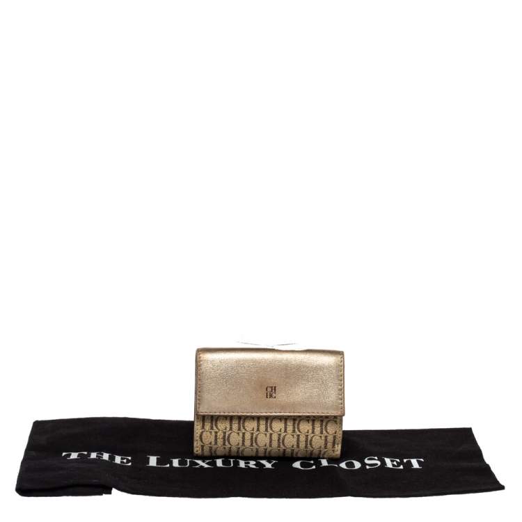 Pre Owned Carolina Herrera Gold/Beige Monogram Coated Canvas and Leather Flap Compact Wallet