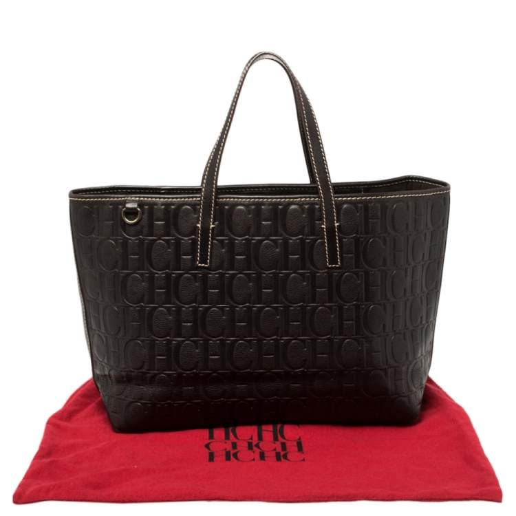 Pre Owned Carolina Herrera Dark Brown Monogram Embossed Leather Shopper Tote