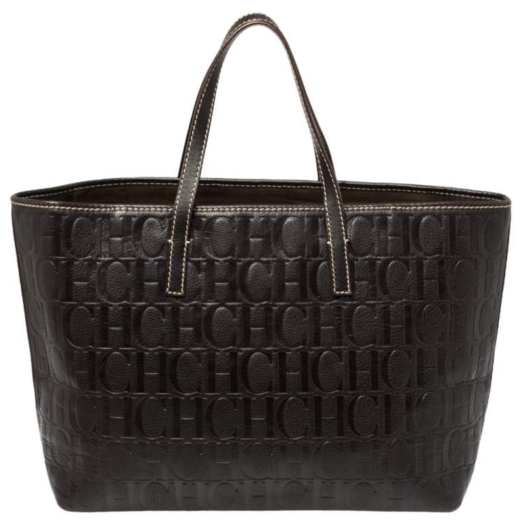 Pre Owned Carolina Herrera Dark Brown Monogram Embossed Leather Shopper Tote