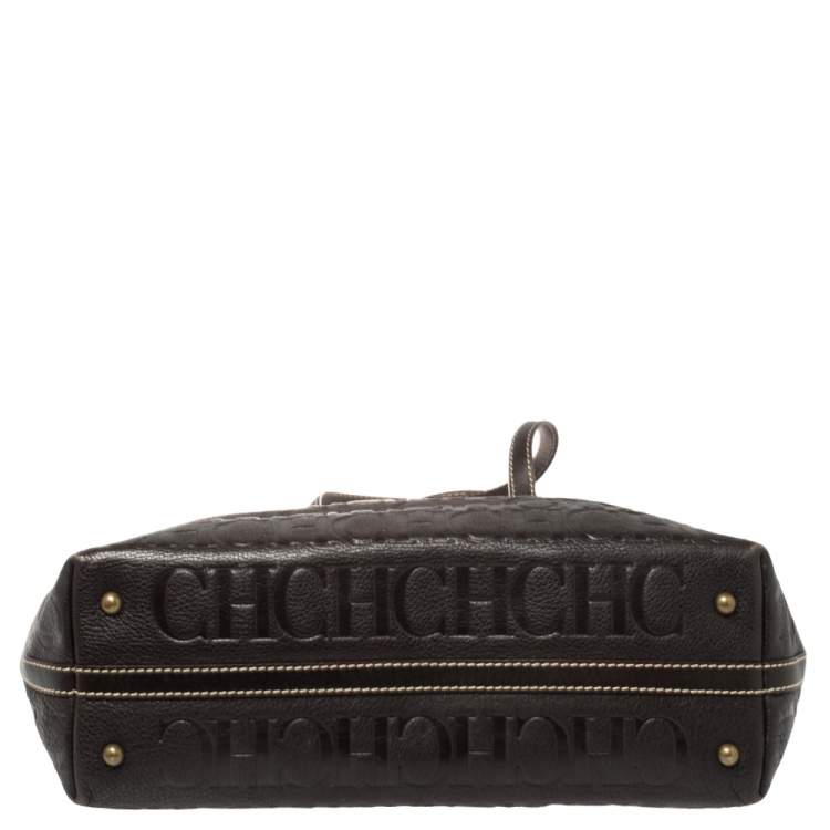 Pre Owned Carolina Herrera Dark Brown Monogram Embossed Leather Shopper Tote