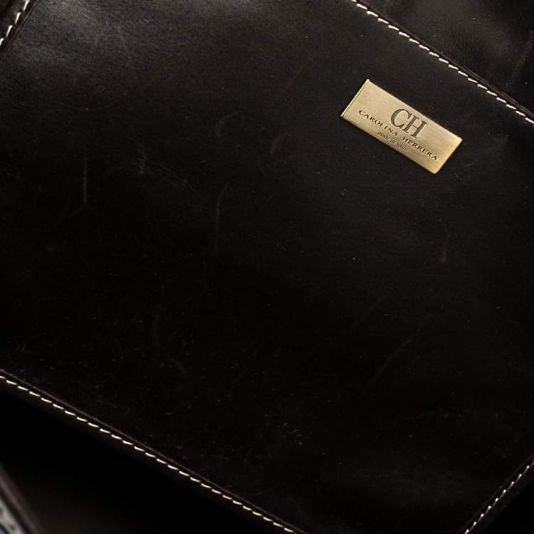 Pre Owned Carolina Herrera Dark Brown Monogram Embossed Leather Shopper Tote