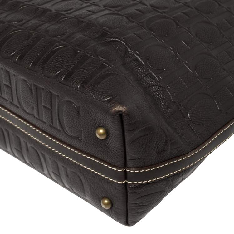 Pre Owned Carolina Herrera Dark Brown Monogram Embossed Leather Shopper Tote