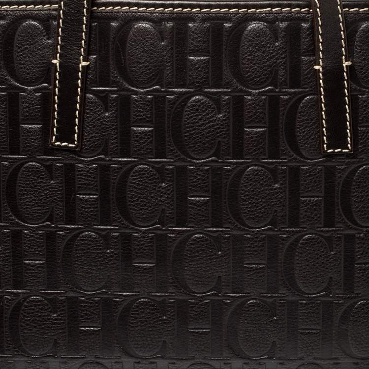 Pre Owned Carolina Herrera Dark Brown Monogram Embossed Leather Shopper Tote