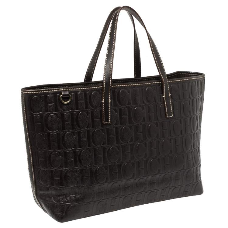 Pre Owned Carolina Herrera Dark Brown Monogram Embossed Leather Shopper Tote