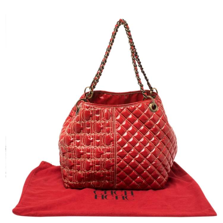 Pre Owned Carolina Herrera Red Quilted Monogram Coated Canvas Chain Tote