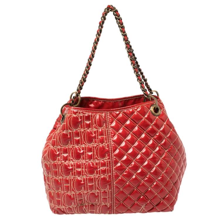 Pre Owned Carolina Herrera Red Quilted Monogram Coated Canvas Chain Tote
