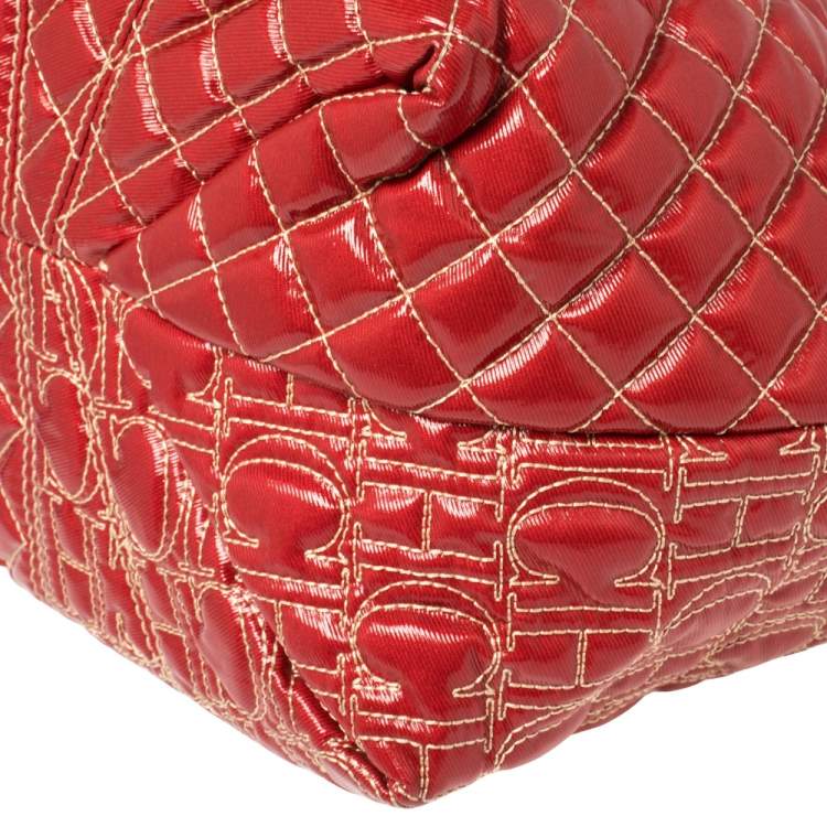 Pre Owned Carolina Herrera Red Quilted Monogram Coated Canvas Chain Tote