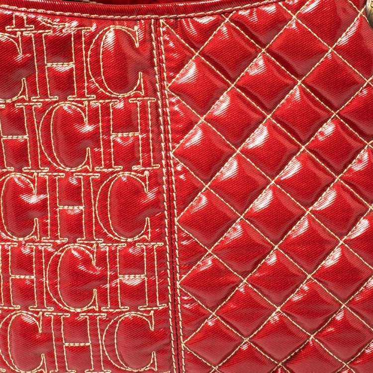 Pre Owned Carolina Herrera Red Quilted Monogram Coated Canvas Chain Tote