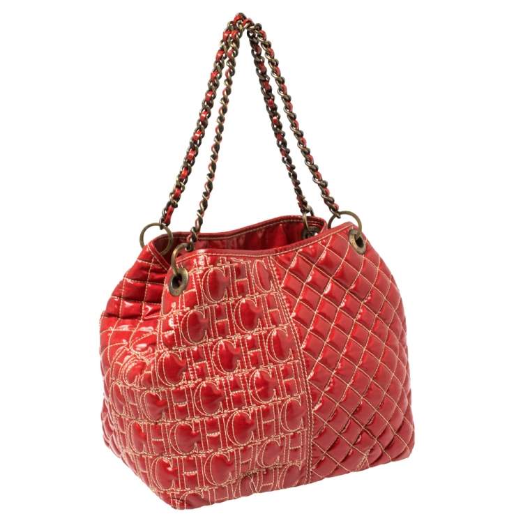 Pre Owned Carolina Herrera Red Quilted Monogram Coated Canvas Chain Tote
