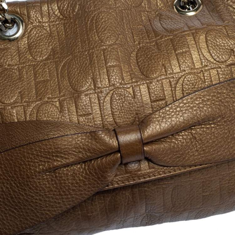 Pre Owned Carolina Herrera Gold Monogram Leather Audrey Shoulder Bag