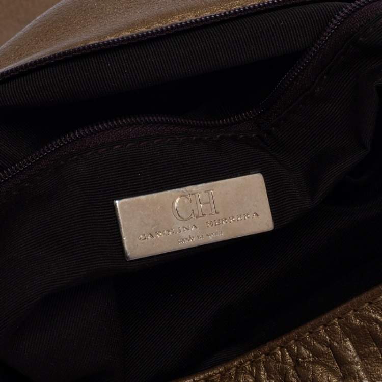 Pre Owned Carolina Herrera Gold Monogram Leather Audrey Shoulder Bag