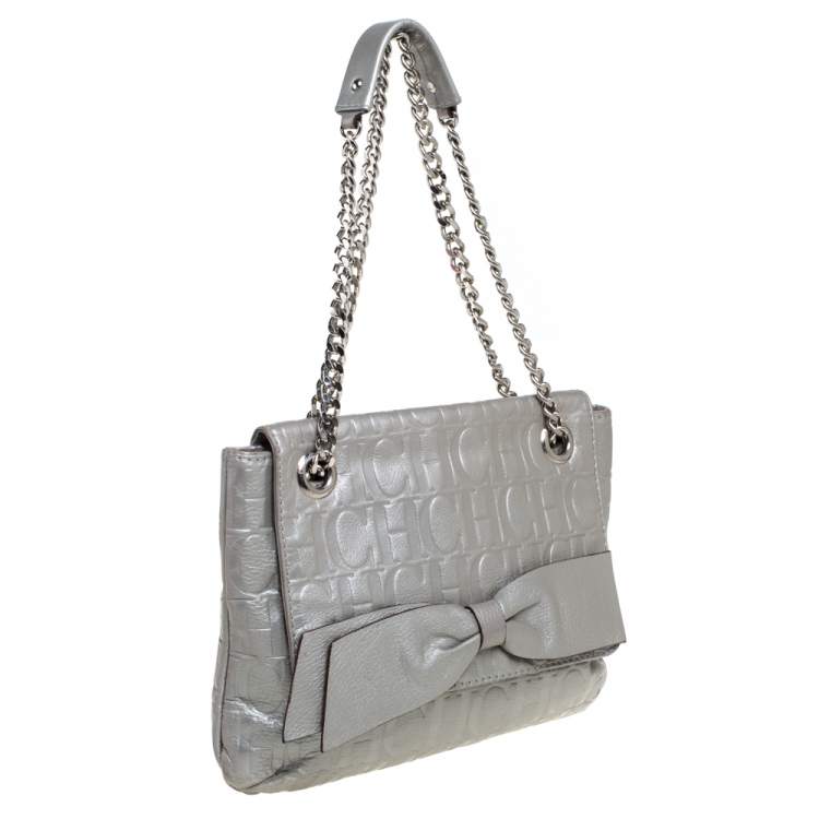 Pre Owned Carolina Herrera Silver Monogram Leather Audrey Shoulder Bag