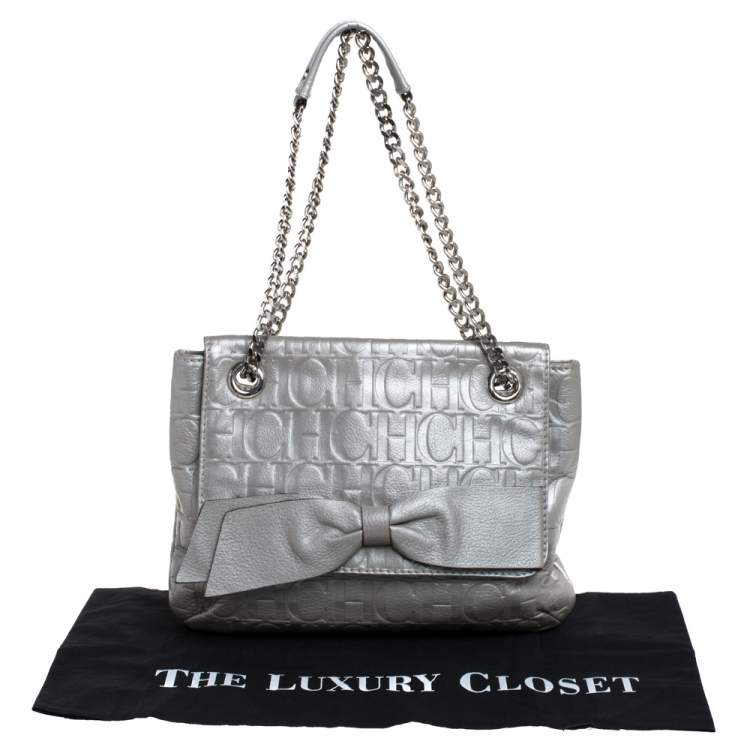 Pre Owned Carolina Herrera Silver Monogram Leather Audrey Shoulder Bag