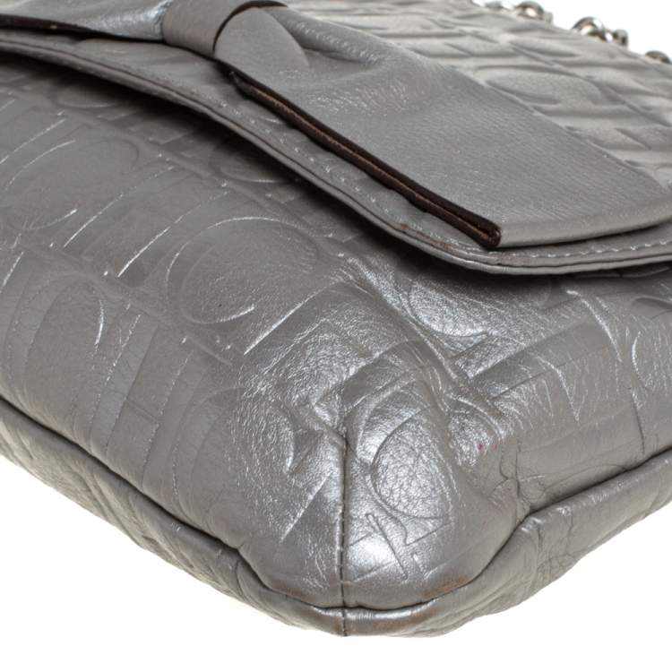 Pre Owned Carolina Herrera Silver Monogram Leather Audrey Shoulder Bag