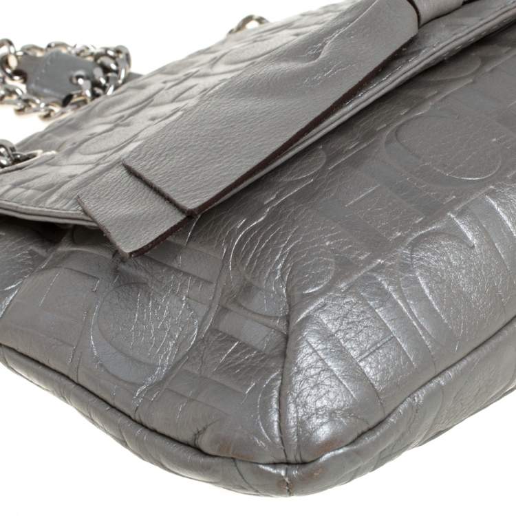 Pre Owned Carolina Herrera Silver Monogram Leather Audrey Shoulder Bag