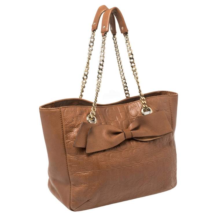 Pre Owned Carolina Herrera Brown Monogram Leather Audrey Tote 