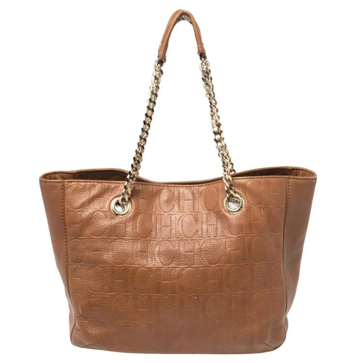 Pre Owned Carolina Herrera Brown Monogram Leather Audrey Tote 