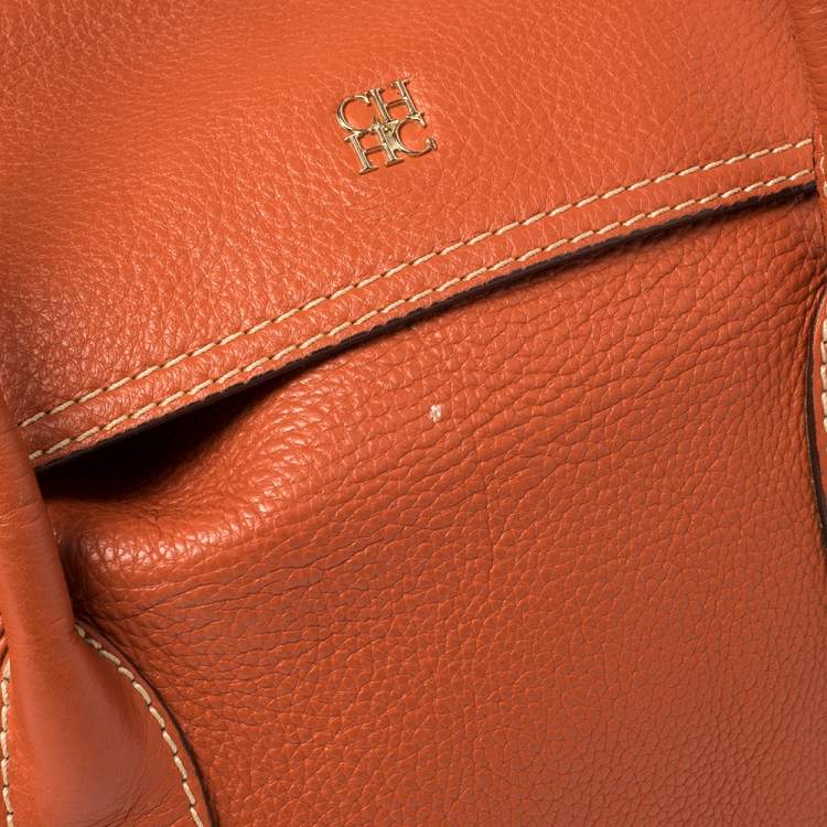 Pre Owned Carolina Herrera Burnt Orange Grained Leather Flap Tote