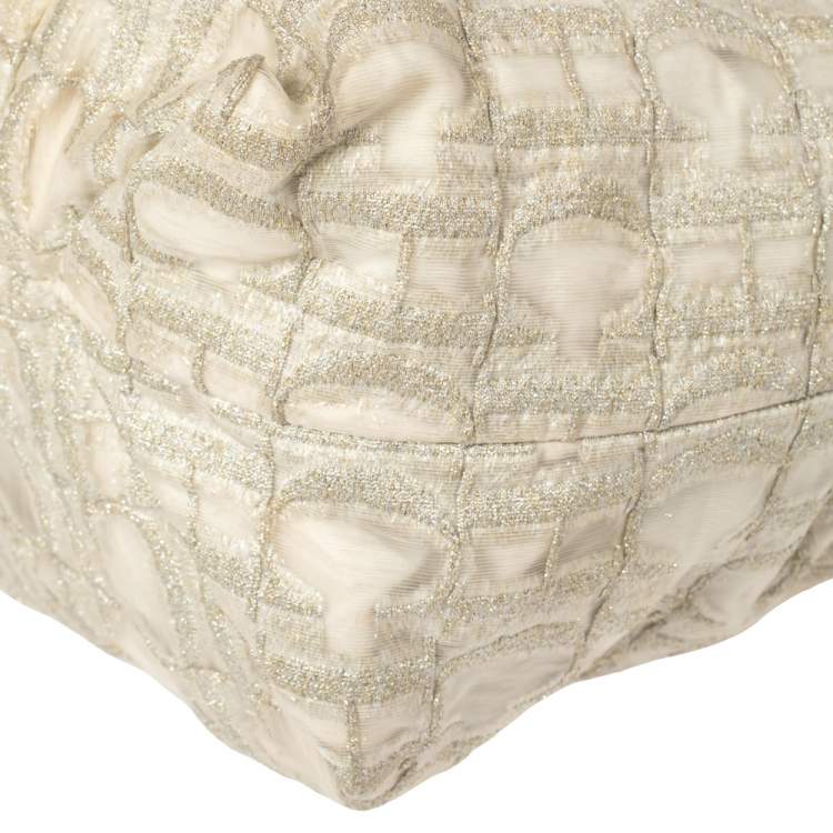 Pre Owned Carolina Herrera White/Grey Shimmer Monogram Fabric and Leather Chain Tote