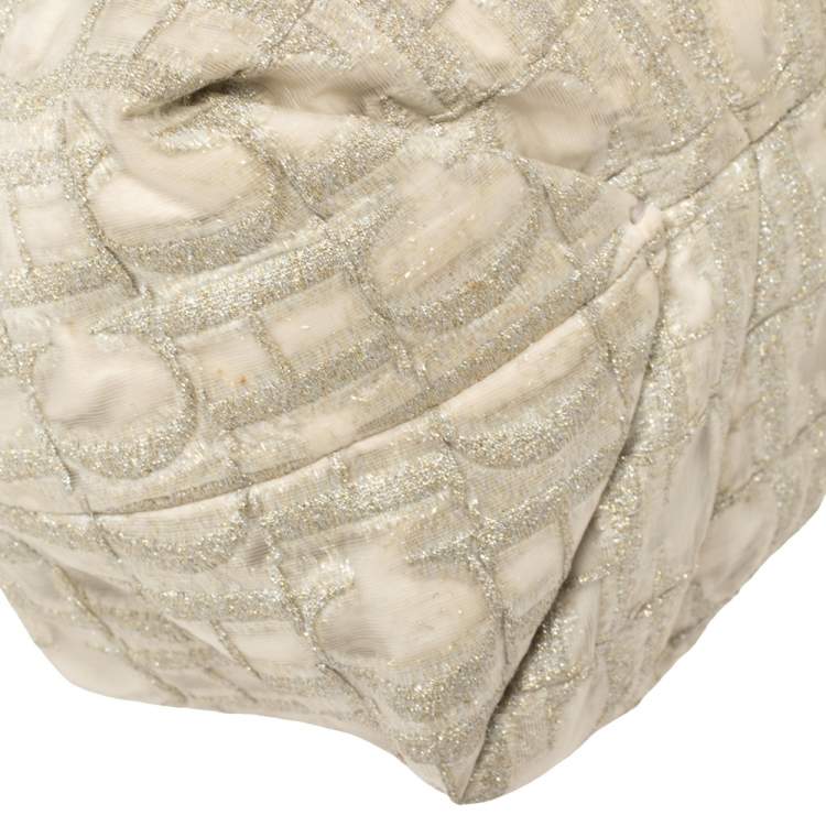 Pre Owned Carolina Herrera White/Grey Shimmer Monogram Fabric and Leather Chain Tote