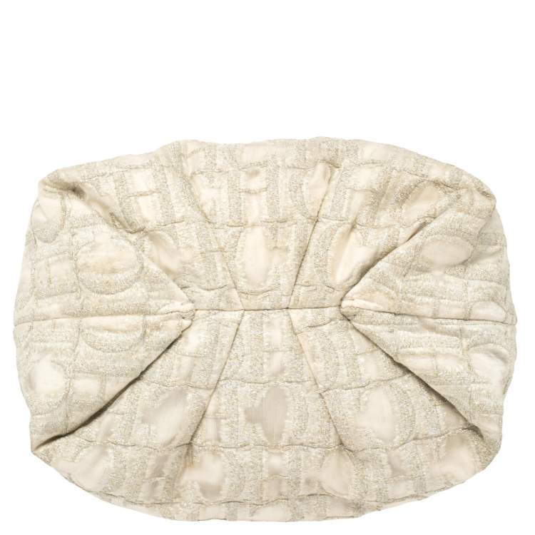 Pre Owned Carolina Herrera White/Grey Shimmer Monogram Fabric and Leather Chain Tote