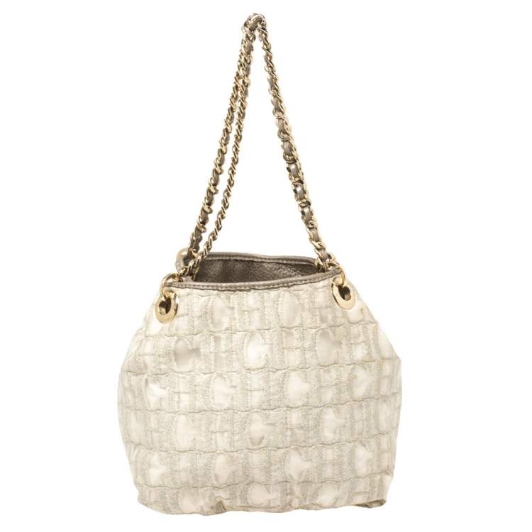 Pre Owned Carolina Herrera White/Grey Shimmer Monogram Fabric and Leather Chain Tote