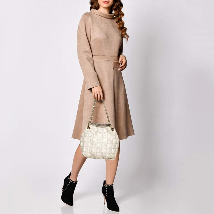 Pre Owned Carolina Herrera White/Grey Shimmer Monogram Fabric and Leather Chain Tote