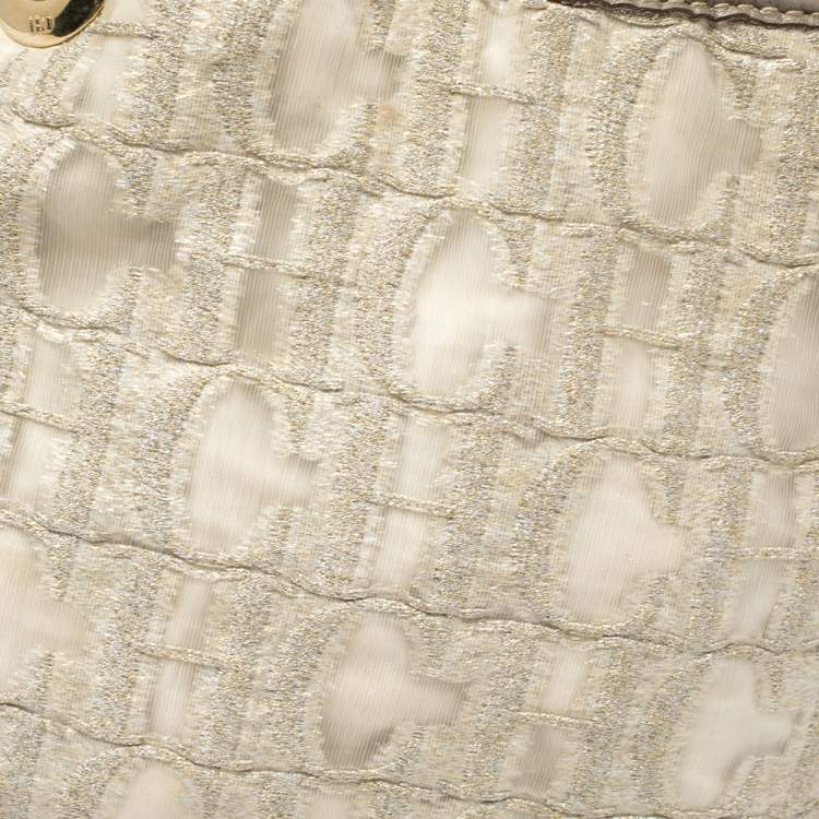 Pre Owned Carolina Herrera White/Grey Shimmer Monogram Fabric and Leather Chain Tote