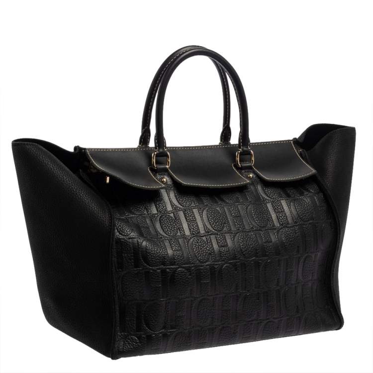 Pre Owned Carolina Herrera Black Monogram Embossed Leather Vendome Tote