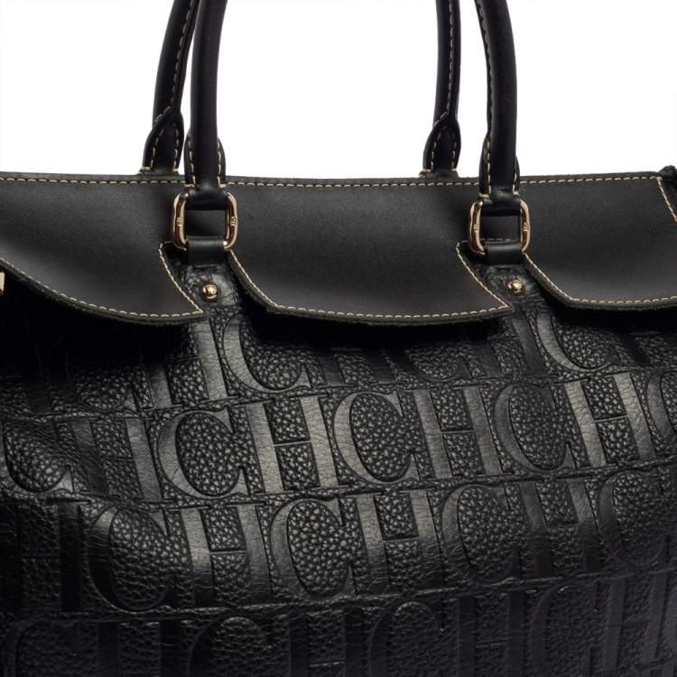 Pre Owned Carolina Herrera Black Monogram Embossed Leather Vendome Tote