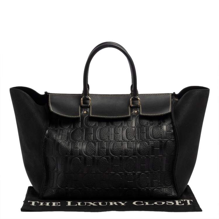 Pre Owned Carolina Herrera Black Monogram Embossed Leather Vendome Tote