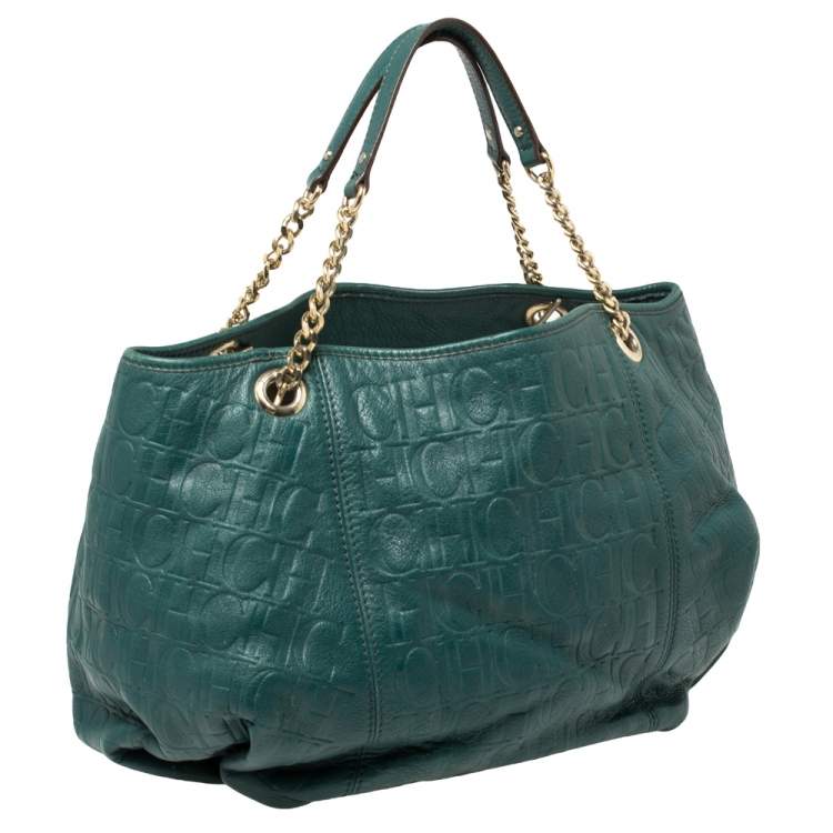 Pre Owned Carolina Herrera Green Monogram Leather Chain Hobo