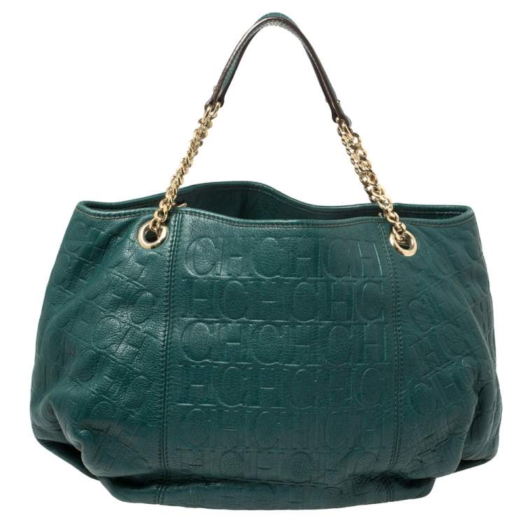 Pre Owned Carolina Herrera Green Monogram Leather Chain Hobo