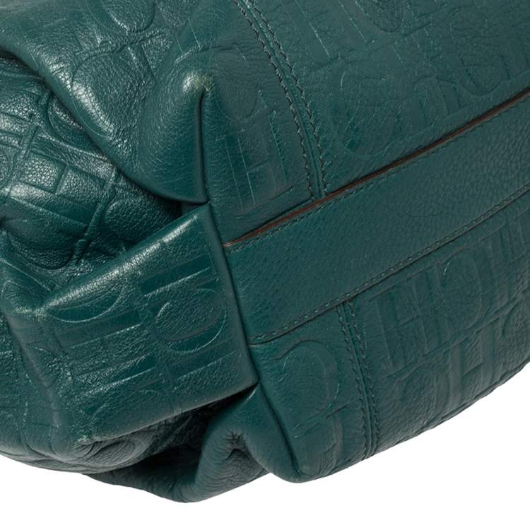 Pre Owned Carolina Herrera Green Monogram Leather Chain Hobo