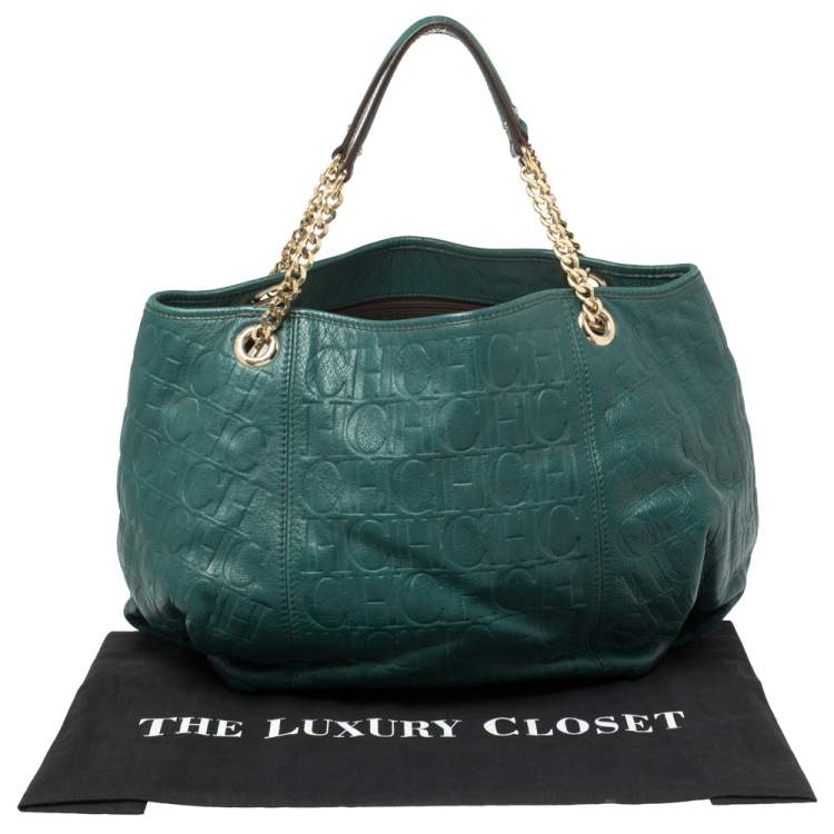 Pre Owned Carolina Herrera Green Monogram Leather Chain Hobo