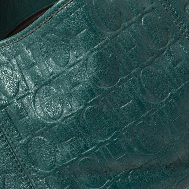 Pre Owned Carolina Herrera Green Monogram Leather Chain Hobo
