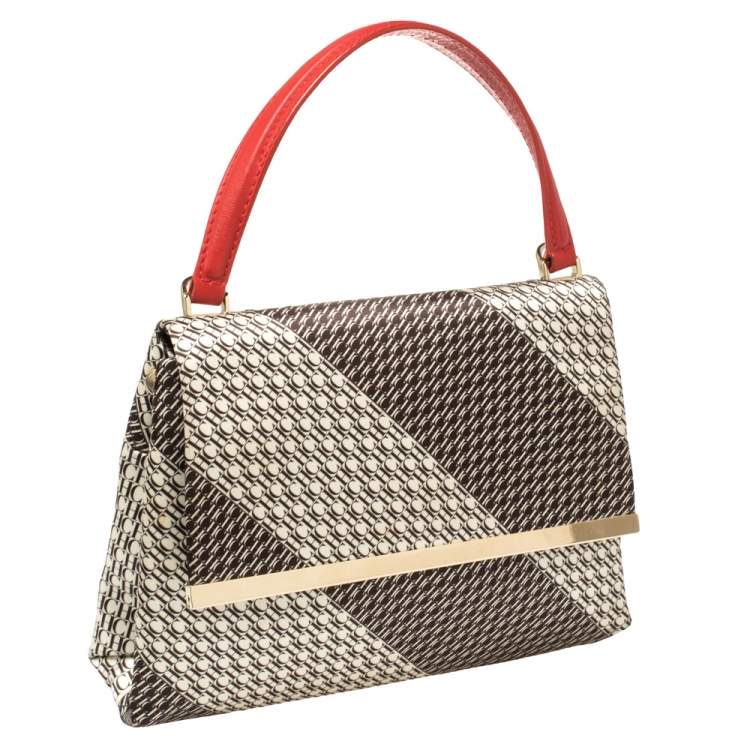 Pre Owned Carolina Herrera Multicolor Monogram Satin and Leather Top Handle Bag