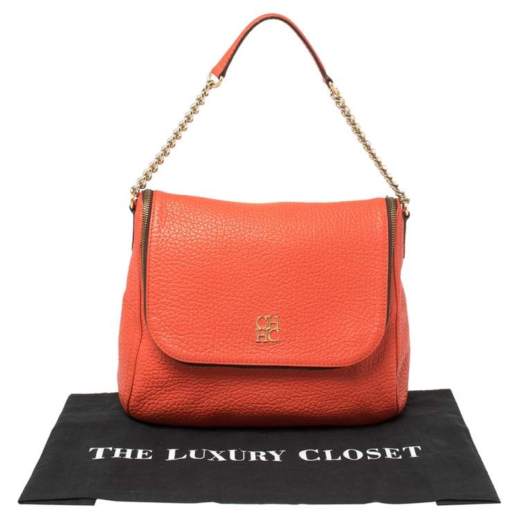 Pre Owned Carolina Herrera Orange Leather Zip Hobo
