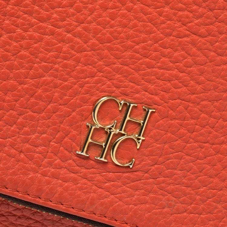 Pre Owned Carolina Herrera Orange Leather Zip Hobo