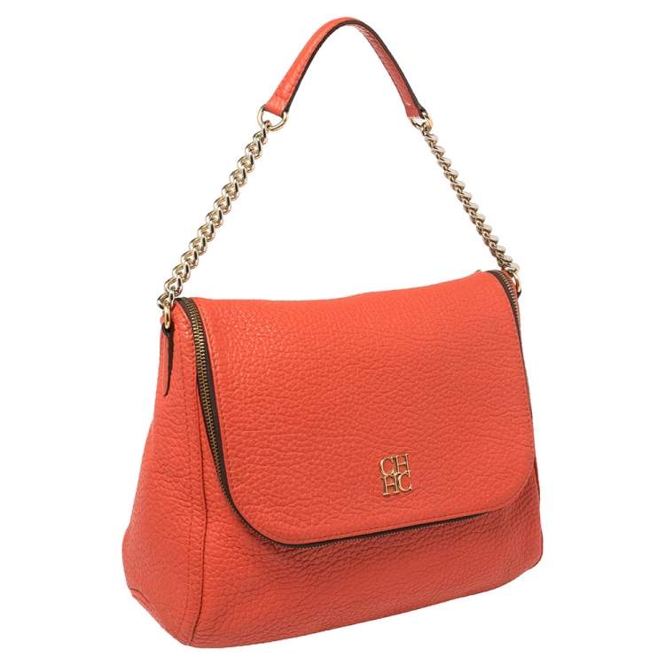 Pre Owned Carolina Herrera Orange Leather Zip Hobo