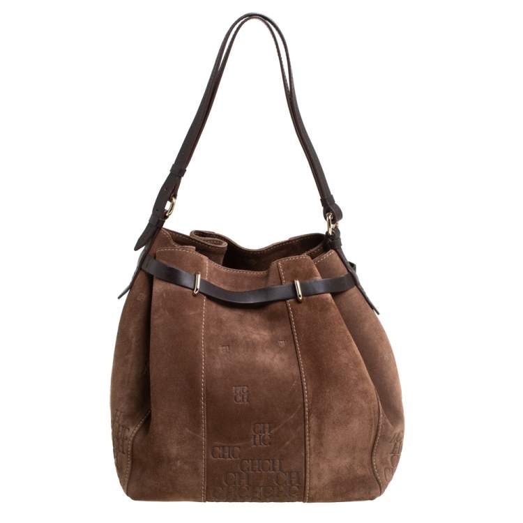Pre Owned Carolina Herrera Brown Embossed Suede and Leather Bow Bucket Bag