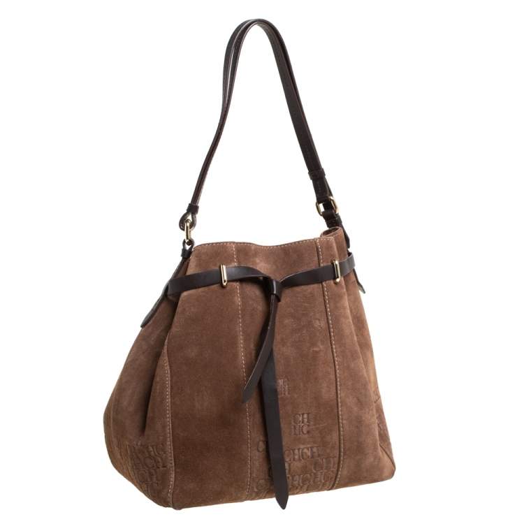Pre Owned Carolina Herrera Brown Embossed Suede and Leather Bow Bucket Bag