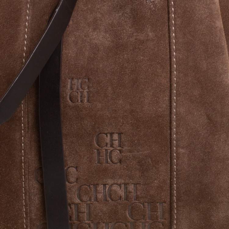 Pre Owned Carolina Herrera Brown Embossed Suede and Leather Bow Bucket Bag