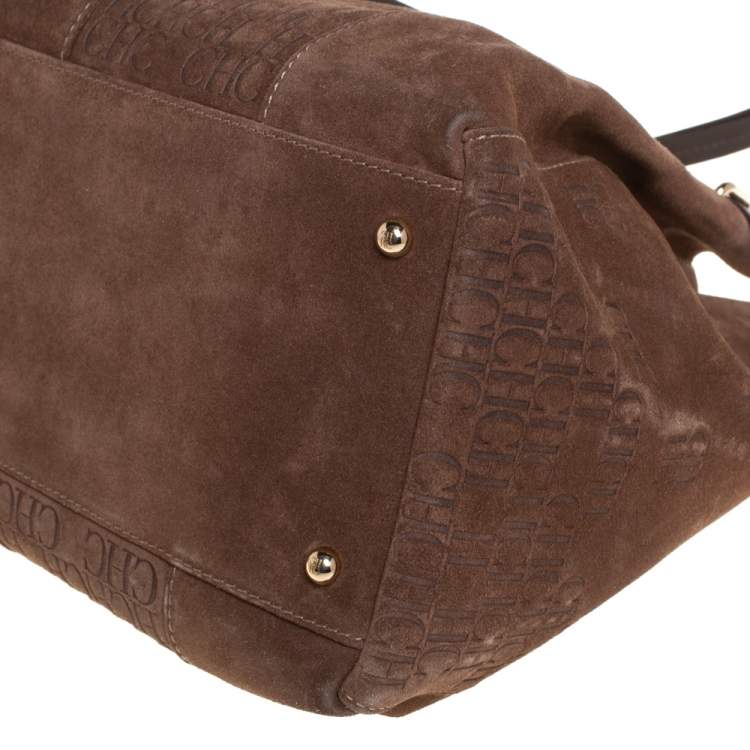 Pre Owned Carolina Herrera Brown Embossed Suede and Leather Bow Bucket Bag