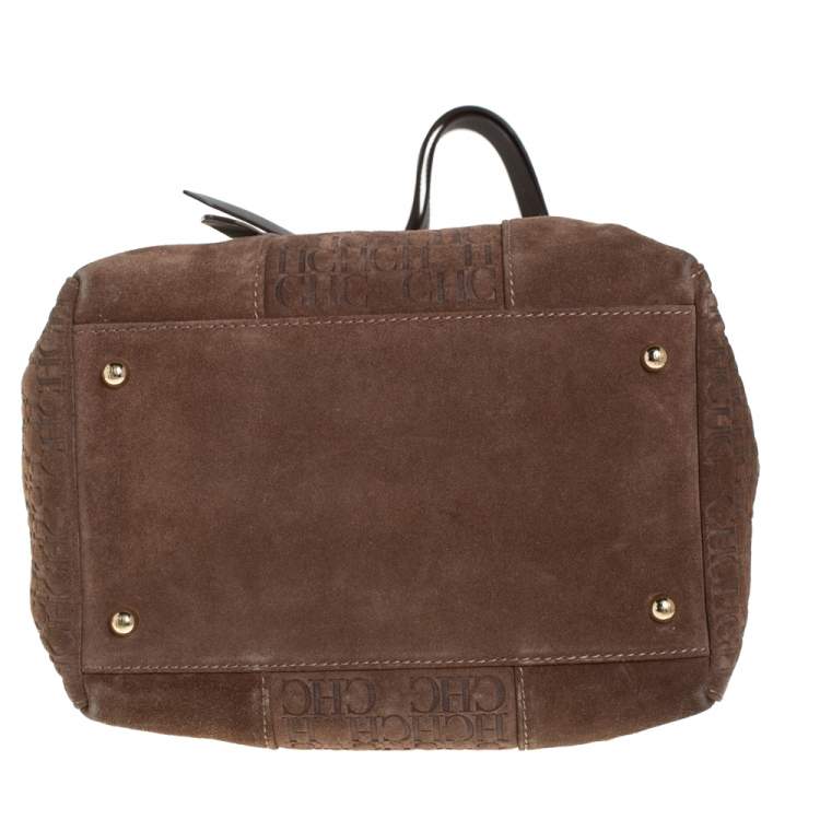 Pre Owned Carolina Herrera Brown Embossed Suede and Leather Bow Bucket Bag