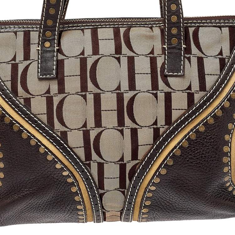 Pre Owned Carolina Herrera Beige/Brown Signature Studded Canvas and Leather Satchel