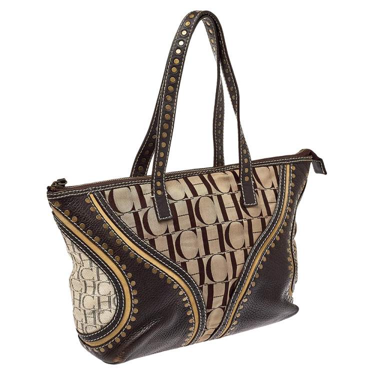 Pre Owned Carolina Herrera Beige/Brown Signature Studded Canvas and Leather Satchel